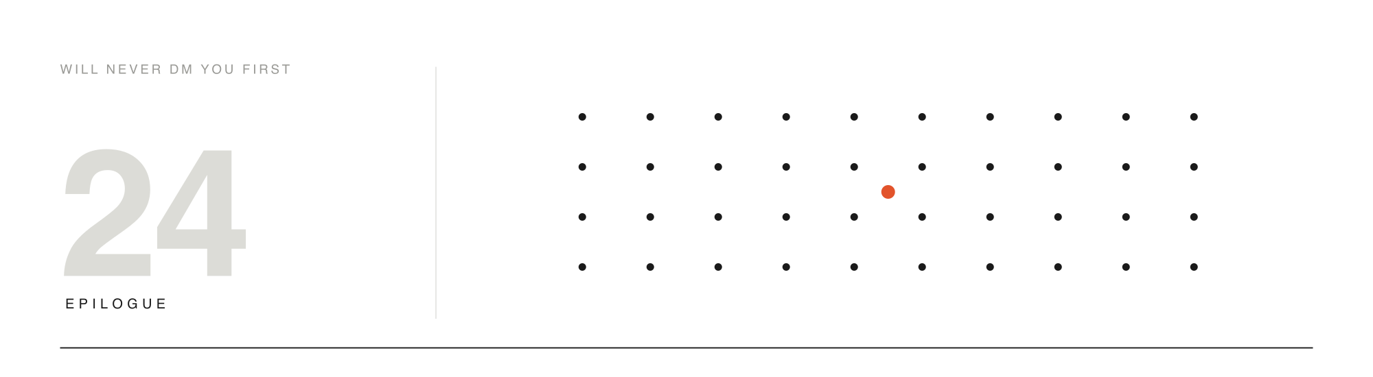 A calm, ordered field of dots resolved around a single solid accent dot — the epilogue.